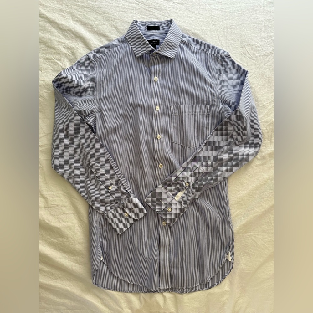 J. Crew Men's Dress Shirt - Navy and White Pinstripe Non Iron Spread Collar